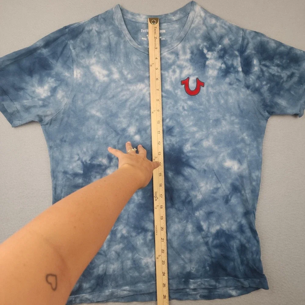 True Religion Shirt Mens Medium Blue Tie Dye Buddha Logo Crewneck Tee Music